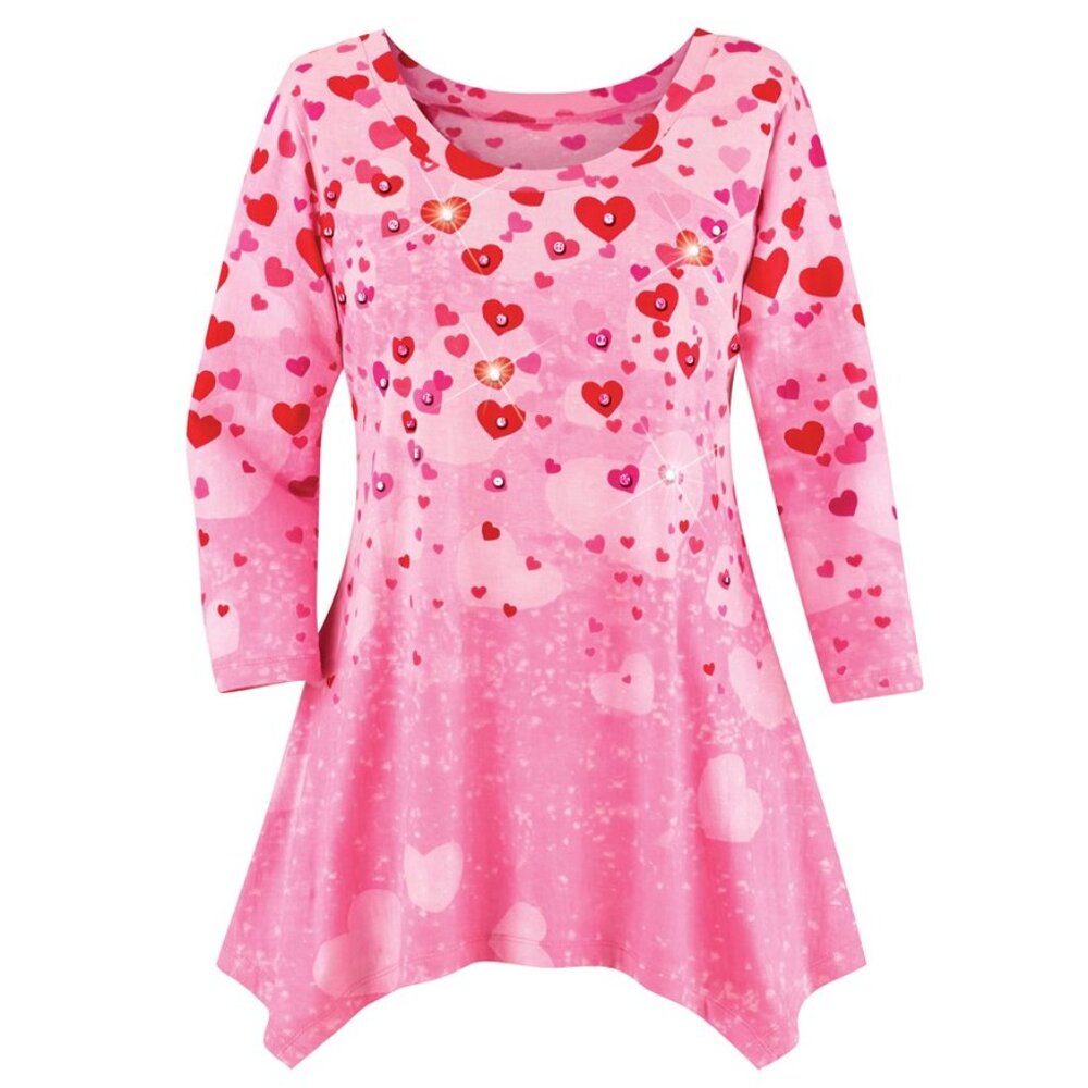New XXL Pink Valentine's Cascading Sparkling Sequin Hearts SharkBite Knit Tunic